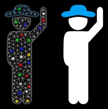 Glowing mesh gentleman hello icon with sparkle effect. Abstract illuminated model of gentleman hello. Shiny wire carcass triangular mesh gentleman hello icon. Vector abstraction on a black background.のイラスト素材