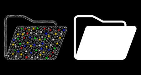 Glossy mesh open folder icon with lightspot effect. Abstract illuminated model of open folder. Shiny wire carcass polygonal mesh open folder icon. Vector abstraction on a black background.のイラスト素材