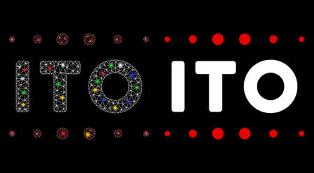 Glowing mesh ITO caption icon with glow effect. Abstract illuminated model of ITO caption. Shiny wire carcass polygonal mesh ITO caption icon. Vector abstraction on a black background.のイラスト素材
