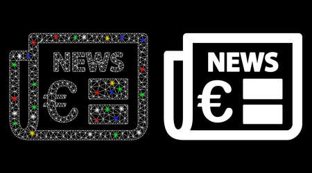 Glossy mesh Euro newspaper icon with glow effect. Abstract illuminated model of Euro newspaper. Shiny wire frame polygonal mesh Euro newspaper icon. Vector abstraction on a black background.のイラスト素材