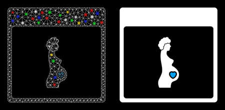 Flare mesh pregnant woman calendar page icon with glare effect. Abstract illuminated model of pregnant woman calendar page. Shiny wire frame triangular mesh pregnant woman calendar page icon.のイラスト素材