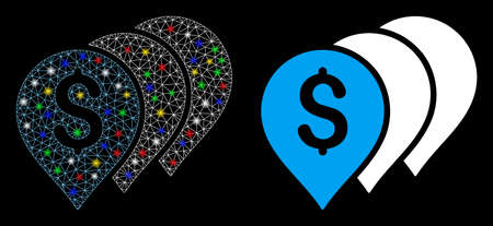 Glowing mesh money map pointers icon with glare effect. Abstract illuminated model of money map pointers. Shiny wire frame polygonal mesh money map pointers icon.のイラスト素材