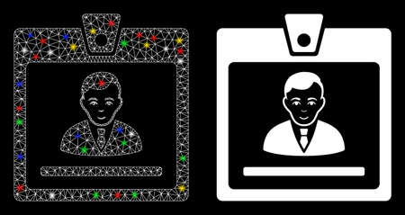 Bright mesh manager badge icon with glitter effect. Abstract illuminated model of manager badge. Shiny wire carcass triangular mesh manager badge icon. Vector abstraction on a black background.のイラスト素材
