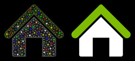 Glowing mesh house icon with glow effect. Abstract illuminated model of house. Shiny wire frame polygonal mesh house icon. Vector abstraction on a black background.のイラスト素材