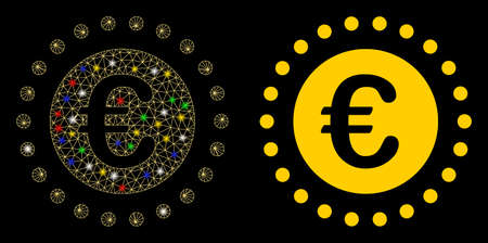 Glowing mesh Euro gold coin icon with lightspot effect. Abstract illuminated model of Euro gold coin. Shiny wire carcass triangular mesh Euro gold coin icon. Vector abstraction on a black background.のイラスト素材