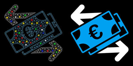 Glowing mesh Euro banknotes payments icon with lightspot effect. Abstract illuminated model of Euro banknotes payments. Shiny wire frame polygonal mesh Euro banknotes payments icon.のイラスト素材
