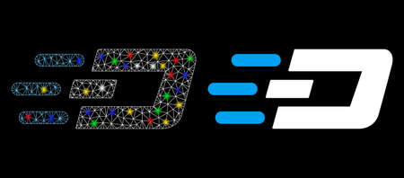 Flare mesh fast send Dash icon with sparkle effect. Abstract illuminated model of fast send Dash. Shiny wire carcass triangular mesh fast send Dash icon. Vector abstraction on a black background.のイラスト素材