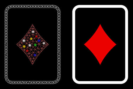 Glowing mesh diamonds gambling card icon with lightspot effect. Abstract illuminated model of diamonds gambling card. Shiny wire frame polygonal mesh diamonds gambling card icon.のイラスト素材
