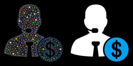 Flare mesh bank call center icon with lightspot effect. Abstract illuminated model of bank call center. Shiny wire carcass polygonal network bank call center icon.のイラスト素材