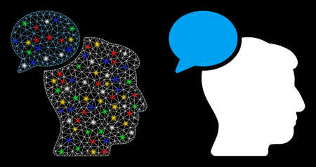 Flare mesh person idea icon with lightspot effect. Abstract illuminated model of person idea. Shiny...