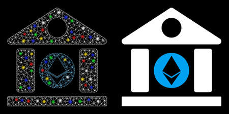 Glowing mesh Ethereum corporation building icon with lightspot effect. Abstract illuminated model of Ethereum corporation building.のイラスト素材