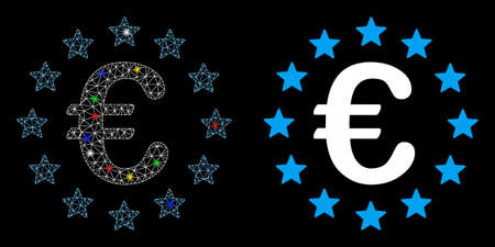 Flare mesh European union icon with lightspot effect. Abstract illuminated model of European union. Shiny wire frame triangular mesh European union icon. Vector abstraction on a black background.のイラスト素材