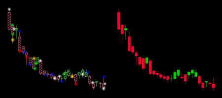 Glowing mesh candlestick chart falling slowdown icon with glare effect. Abstract illuminated model of candlestick chart falling slowdown.のイラスト素材