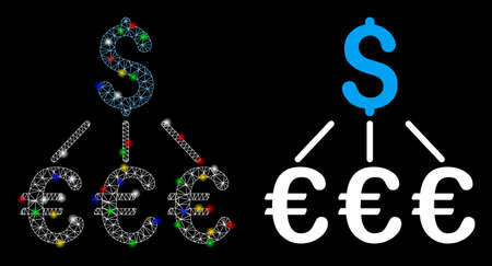 Glossy mesh Dollar Euro links icon with lightspot effect. Abstract illuminated model of Dollar Euro links. Shiny wire carcass polygonal mesh Dollar Euro links icon.のイラスト素材