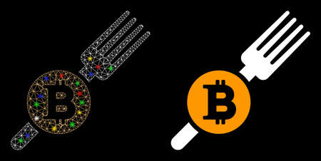 Flare mesh Bitcoin fork icon with glitter effect. Abstract illuminated model of Bitcoin fork. Shiny wire carcass polygonal network Bitcoin fork icon. Vector abstraction on a black background.のイラスト素材
