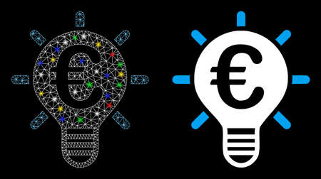 Bright mesh Euro innovation icon with glare effect. Abstract illuminated model of Euro innovation. Shiny wire carcass triangular network Euro innovation icon. Vector abstraction on a black background.のイラスト素材