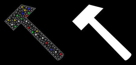 Glossy mesh hammer tool icon with sparkle effect. Abstract illuminated model of hammer tool. Shiny wire carcass triangular network hammer tool icon. Vector abstraction on a black background.のイラスト素材
