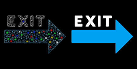 Glossy mesh exit arrow icon with lightspot effect. Abstract illuminated model of exit arrow. Shiny wire carcass polygonal mesh exit arrow icon. Vector abstraction on a black background.のイラスト素材