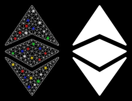 Flare mesh Ethereum classic icon with sparkle effect. Abstract illuminated model of Ethereum classic. Shiny wire carcass triangular mesh Ethereum classic icon.のイラスト素材