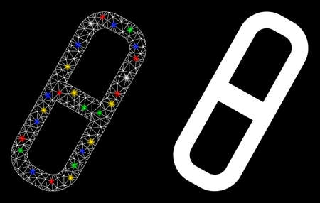 Glowing mesh pill icon with sparkle effect. Abstract illuminated model of pill. Shiny wire carcass triangular mesh pill icon. Vector abstraction on a black background.のイラスト素材
