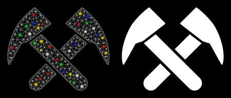 Glowing mesh job hammers icon with glitter effect. Abstract illuminated model of job hammers. Shiny wire carcass triangular mesh job hammers icon. Vector abstraction on a black background.のイラスト素材