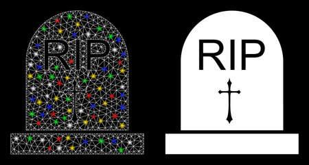 Glossy mesh RIP icon with glare effect. Abstract illuminated model of RIP. Shiny wire frame polygonal mesh RIP icon. Vector abstraction on a black background.のイラスト素材
