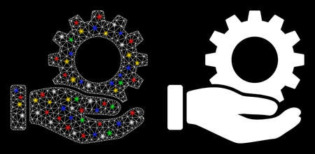 Flare mesh service gear icon with glitter effect. Abstract illuminated model of service gear. Shiny wire carcass polygonal mesh service gear icon. Vector abstraction on a black background.のイラスト素材