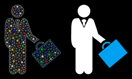 Flare mesh account manager icon with glow effect. Abstract illuminated model of account manager. Shiny wire frame polygonal mesh account manager icon. Vector abstraction on a black background.のイラスト素材