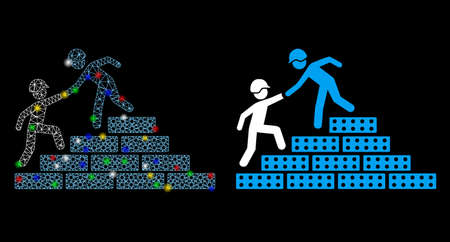 Glossy mesh builder stairs help icon with lightspot effect. Abstract illuminated model of builder stairs help. Shiny wire frame triangular mesh builder stairs help icon.のイラスト素材