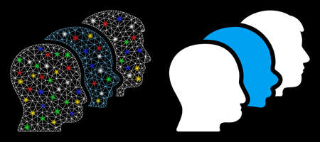 Glowing mesh client profiles icon with glare effect. Abstract illuminated model of client profiles. Shiny wire frame triangular network client profiles icon. Vector abstraction on a black background.のイラスト素材