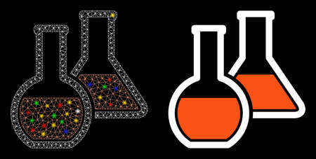 Flare mesh glass flasks icon with glitter effect. Abstract illuminated model of glass flasks. Shiny wire carcass polygonal mesh glass flasks icon. Vector abstraction on a black background.のイラスト素材