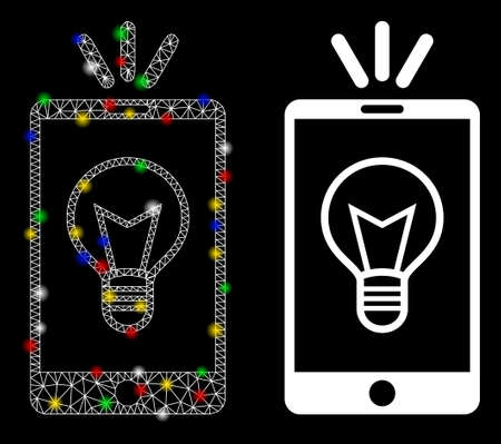 Glowing mesh mobile lamp light icon with lightspot effect. Abstract illuminated model of mobile lamp light. Shiny wire frame triangular mesh mobile lamp light icon.のイラスト素材