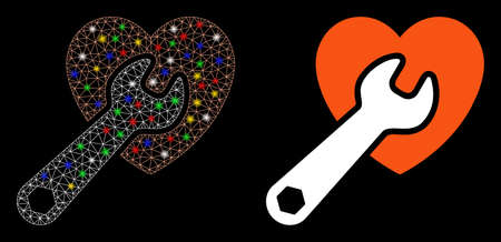 Glossy mesh heart surgery icon with glitter effect. Abstract illuminated model of heart surgery. Shiny wire carcass polygonal mesh heart surgery icon. Vector abstraction on a black background.のイラスト素材
