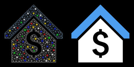 Glossy mesh loan mortgage icon with sparkle effect. Abstract illuminated model of loan mortgage. Shiny wire frame triangular mesh loan mortgage icon. Vector abstraction on a black background.のイラスト素材