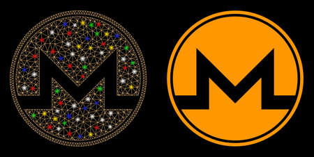 Glowing mesh Monero coin icon with glare effect. Abstract illuminated model of Monero coin. Shiny...