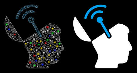 Glowing mesh open brain radio interface icon with glow effect. Abstract illuminated model of open brain radio interface. Shiny wire frame triangular mesh open brain radio interface icon.のイラスト素材