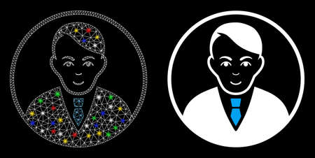 Glossy mesh rounded gentleman icon with glitter effect. Abstract illuminated model of rounded gentleman. Shiny wire carcass polygonal mesh rounded gentleman icon.のイラスト素材