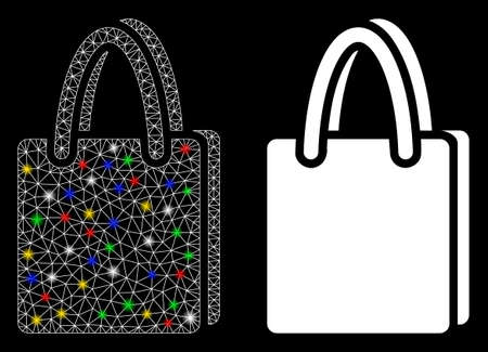 Flare mesh shopping bag icon with lightspot effect. Abstract illuminated model of shopping bag. Shiny wire carcass polygonal mesh shopping bag icon. Vector abstraction on a black background.のイラスト素材