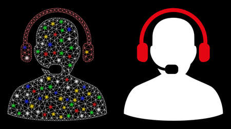 Bright mesh receptionist icon with glare effect. Abstract illuminated model of receptionist. Shiny wire frame polygonal mesh receptionist icon. Vector abstraction on a black background.のイラスト素材
