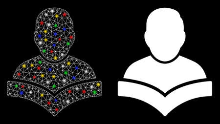 Glowing mesh student icon with glare effect. Abstract illuminated model of student. Shiny wire carcass triangular mesh student icon. Vector abstraction on a black background.のイラスト素材