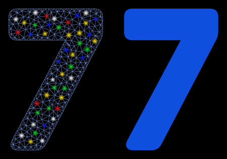 Glowing mesh 7 digit icon with sparkle effect. Abstract illuminated model of 7 digit. Shiny wire frame triangular mesh 7 digit icon. Vector abstraction on a black background.のイラスト素材