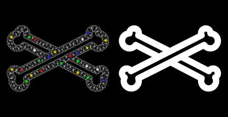 Glossy mesh bones icon with glare effect. Abstract illuminated model of bones. Shiny wire frame polygonal mesh bones icon. Vector abstraction on a black background.のイラスト素材