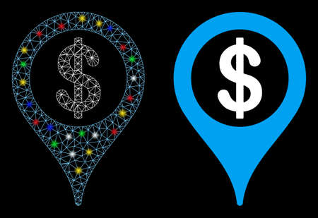 Glowing mesh bank map marker icon with sparkle effect. Abstract illuminated model of bank map marker. Shiny wire carcass polygonal mesh bank map marker icon. Vector abstraction on a black background.のイラスト素材