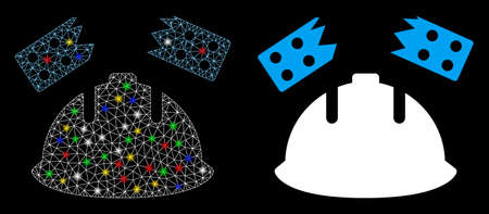 Glossy mesh brick helmet accident icon with sparkle effect. Abstract illuminated model of brick helmet accident. Shiny wire carcass polygonal mesh brick helmet accident icon.のイラスト素材