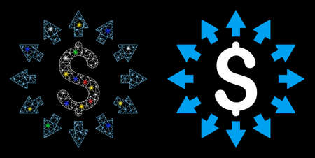 Glowing mesh dollar distribution icon with sparkle effect. Abstract illuminated model of dollar distribution. Shiny wire frame polygonal mesh dollar distribution icon.のイラスト素材