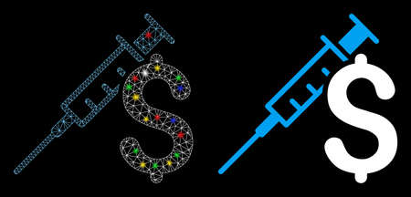 Glossy mesh drug business icon with lightspot effect. Abstract illuminated model of drug business. Shiny wire frame polygonal mesh drug business icon. Vector abstraction on a black background.のイラスト素材