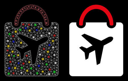 Glossy mesh duty free bag icon with lightspot effect. Abstract illuminated model of duty free bag. Shiny wire frame triangular mesh duty free bag icon. Vector abstraction on a black background.のイラスト素材