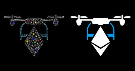Bright mesh Ethereum drone icon with glitter effect. Abstract illuminated model of Ethereum drone. Shiny wire carcass polygonal mesh Ethereum drone icon. Vector abstraction on a black background.のイラスト素材