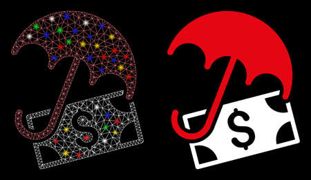Glowing mesh financial umbrella icon with glow effect. Abstract illuminated model of financial umbrella. Shiny wire carcass polygonal mesh financial umbrella icon.のイラスト素材