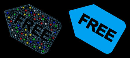Glossy mesh free sticker icon with sparkle effect. Abstract illuminated model of free sticker. Shiny wire carcass triangular mesh free sticker icon. Vector abstraction on a black background.のイラスト素材